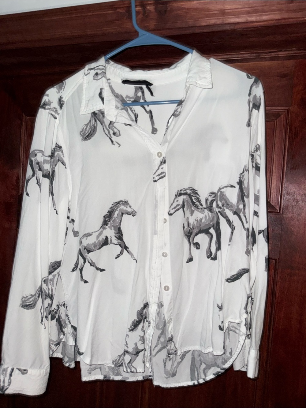 White Horse-Print Button-Down Shirt